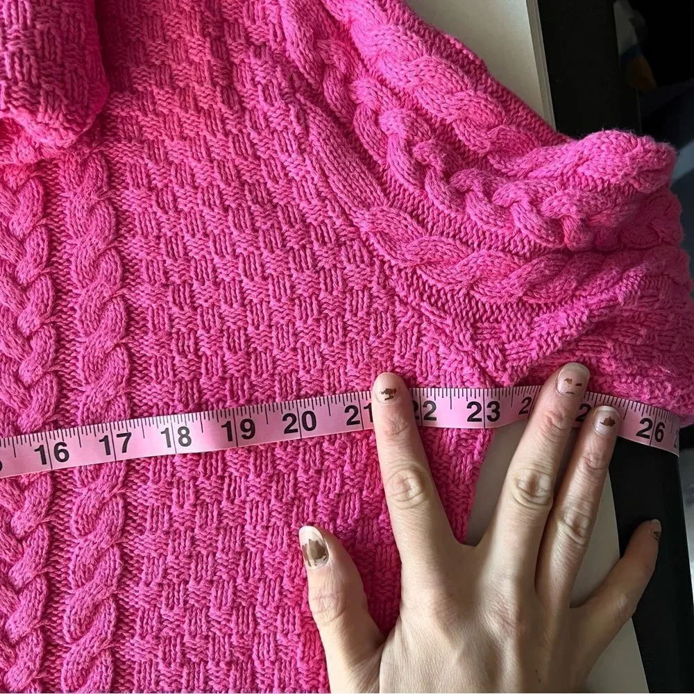 Burgess Cotton Cashmere blend Bright Pink Cable Knit TurtleNeck Sweater Medium